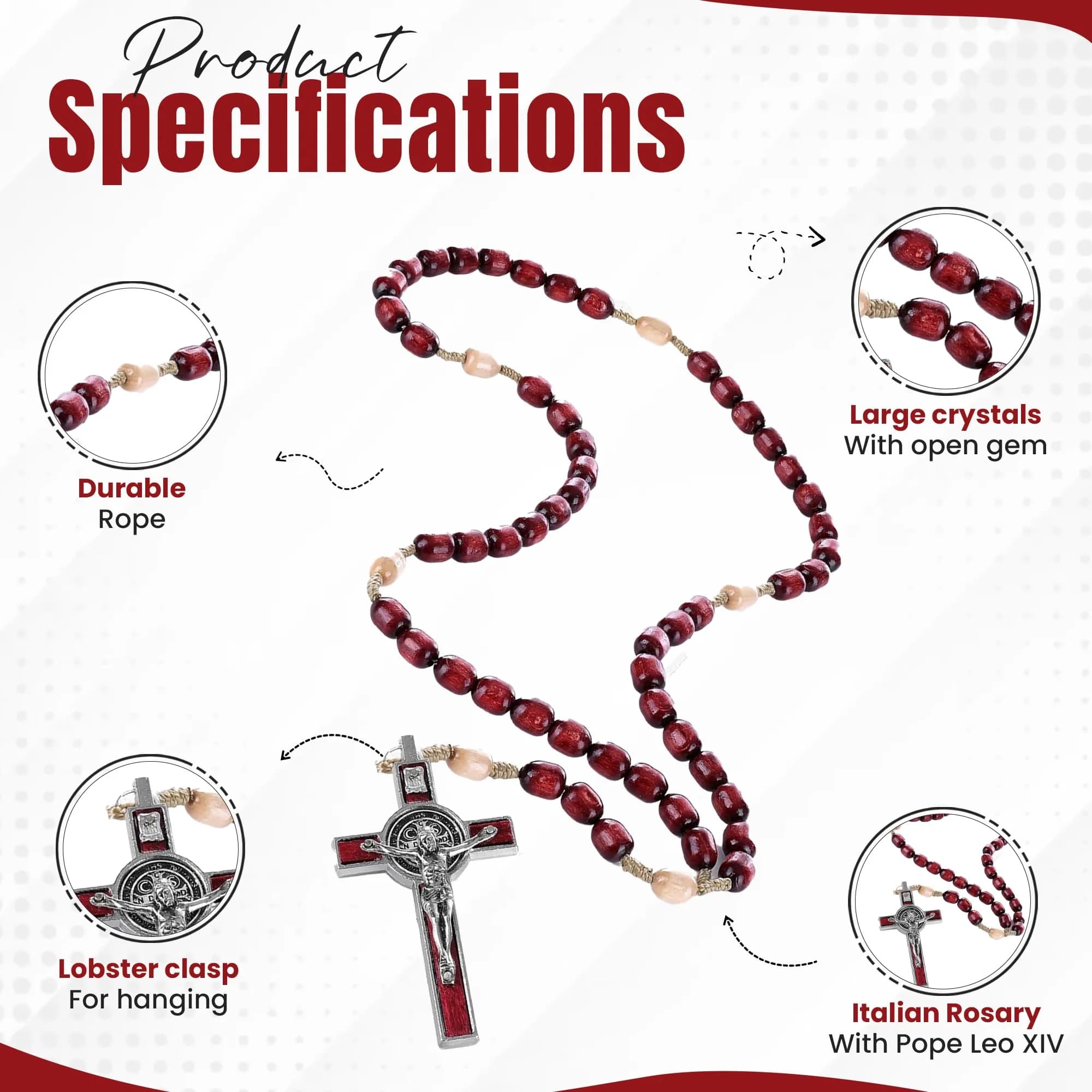 SANCTUM VERITAS Deep Red Large Italian Catholic Rosary Necklace | 21.5 cm (8.5 inches) Prayer Beads - view 4