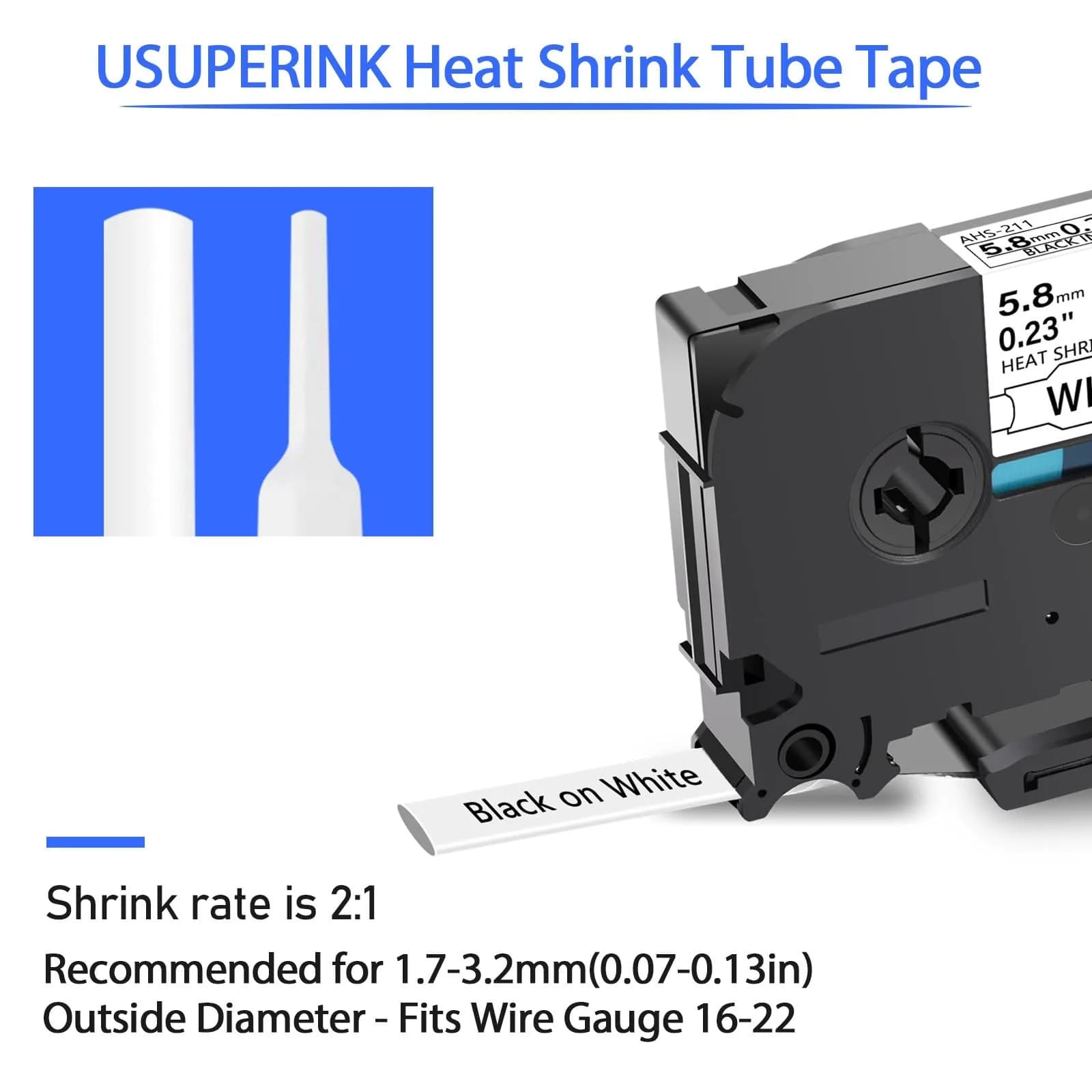 USUPERINK HSe-211 Heat Shrink Label Tape 5.8mm (0.23") Black on White | Compatible with Brother P-touch Label Makers - view 2