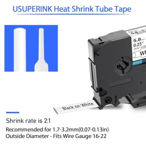 USUPERINK HSe-211 Heat Shrink Label Tape 5.8mm (0.23") Black on White | Compatible with Brother P-touch Label Makers thumbnail 2