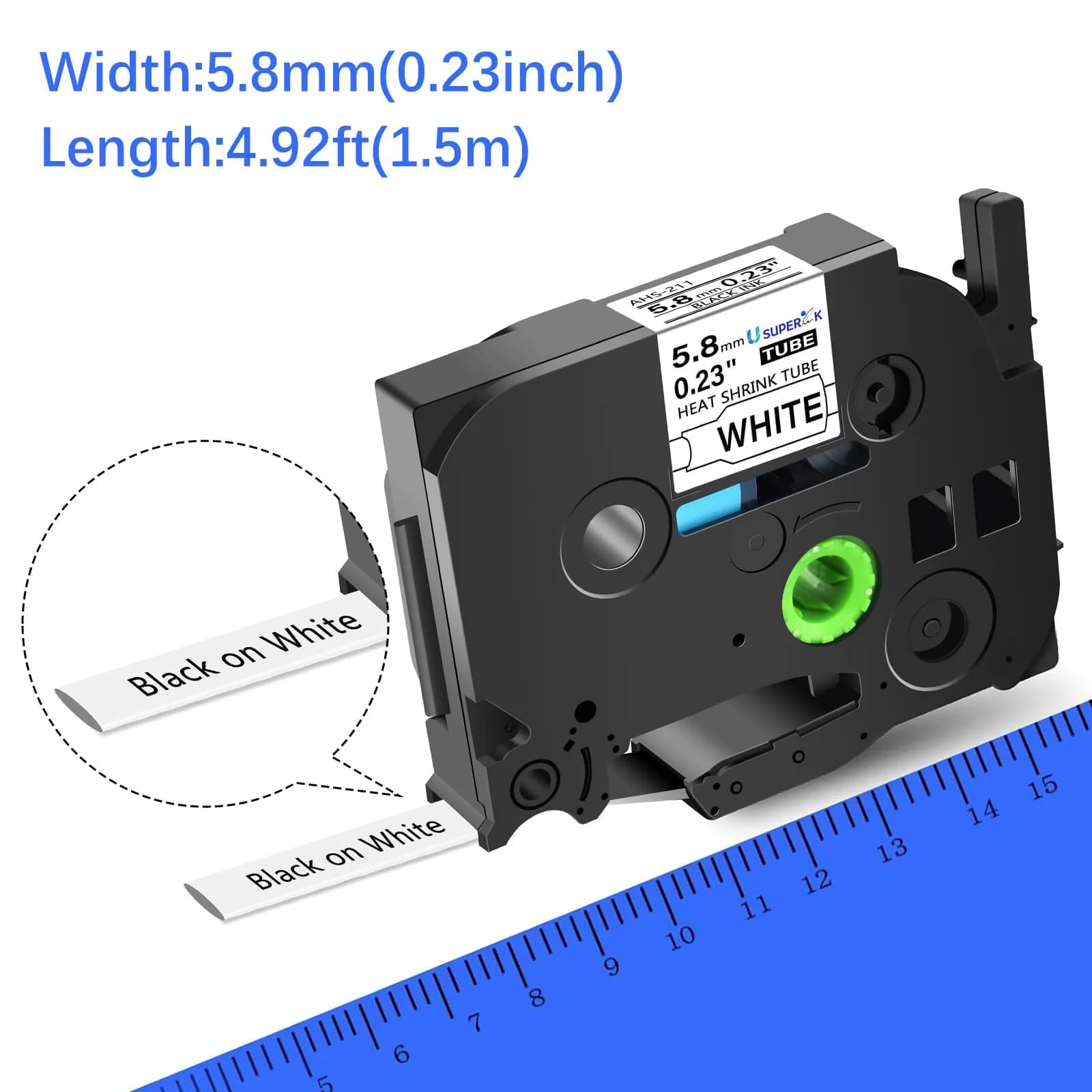 USUPERINK HSe-211 Heat Shrink Label Tape 5.8mm (0.23") Black on White | Compatible with Brother P-touch Label Makers - view 4