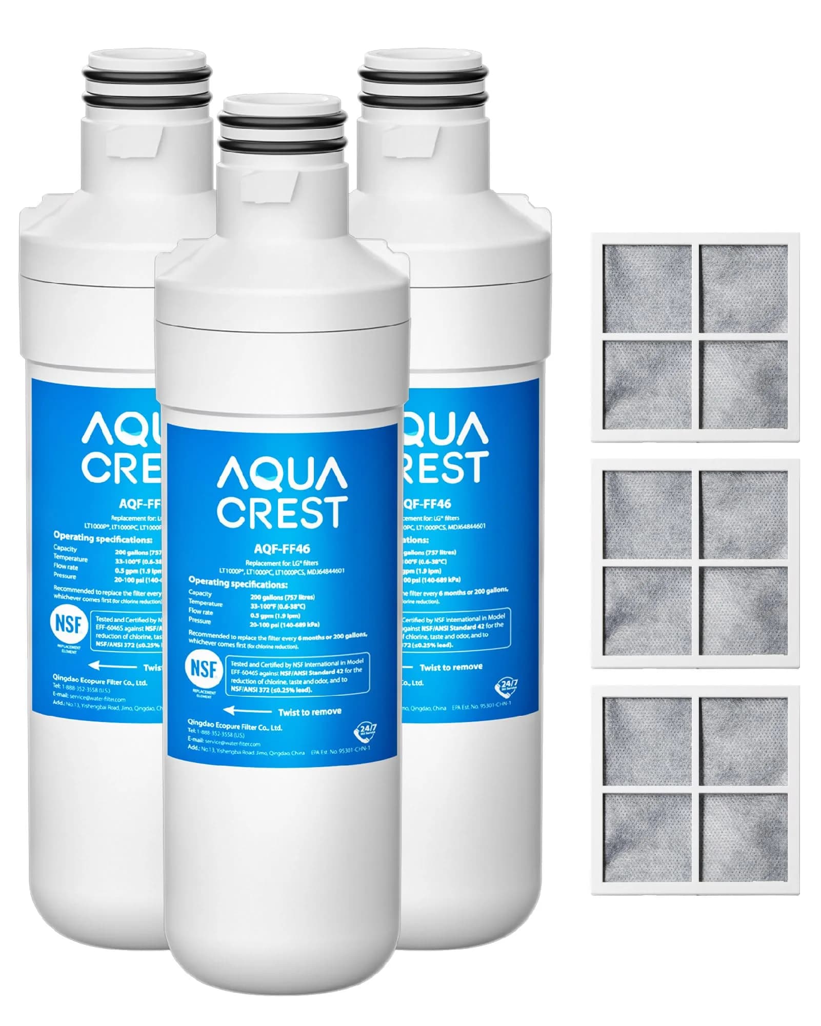 AQUA CREST LT1000PC ADQ747935 Replacement for LG Refrigerator Water Filter & LT120F Air Filter (3+3 Combo, White) - main product image