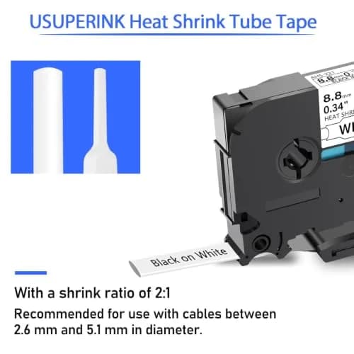 USUPERINK HSe-221 Heat Shrink Tube Label Tape 8.8mm Black on White (2-Pack, 1.5m Each) | Compatible with Brother P-touch Label Makers thumbnail 2