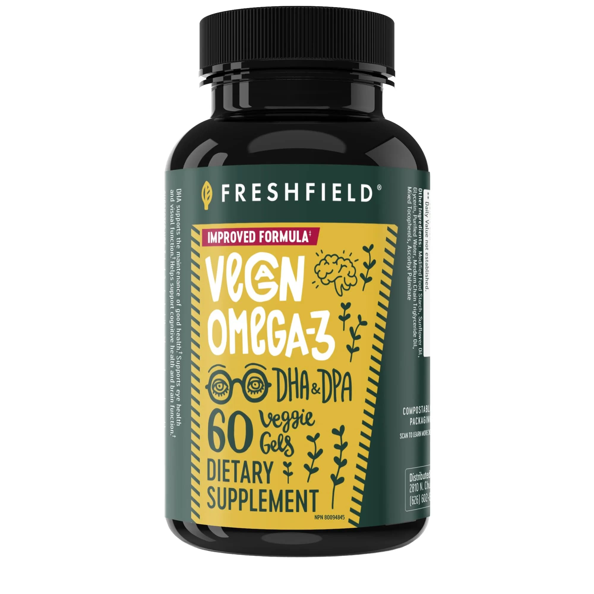 Freshfield Vegan Omega 3 Algae Oil Softgels 60 Count (1800 mg DHA/DPA) | Supports Heart, Brain, Joint Health - main product image