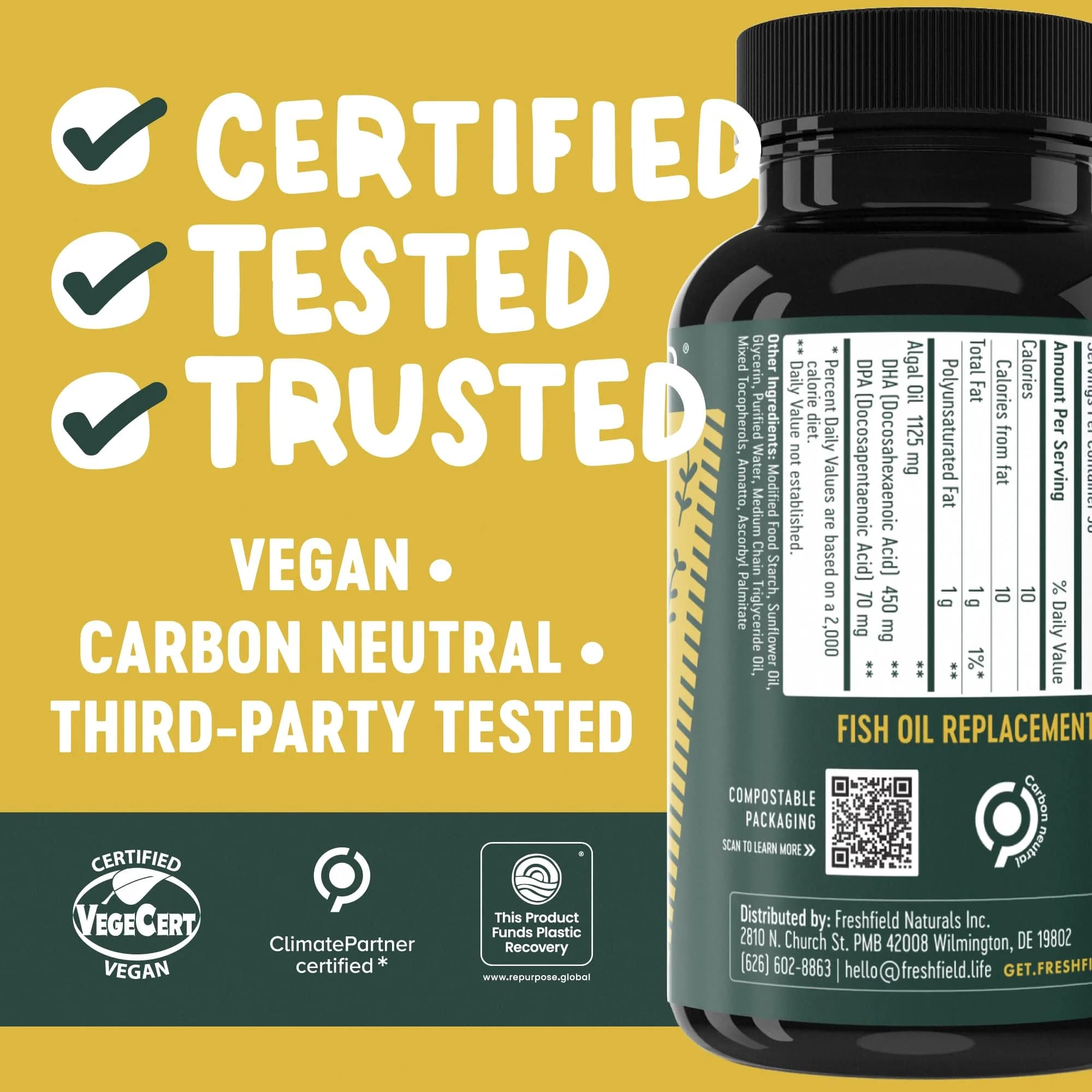 Freshfield Vegan Omega 3 Algae Oil Softgels 60 Count (1800 mg DHA/DPA) | Supports Heart, Brain, Joint Health - view 4