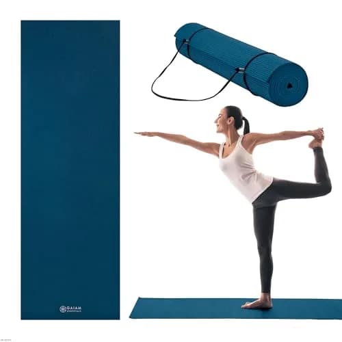 Gaiam Essentials Yoga Mat 6mm Navy | Non-Slip Texture & 1/4 Inch Cushioning with Carrying Sling thumbnail 1