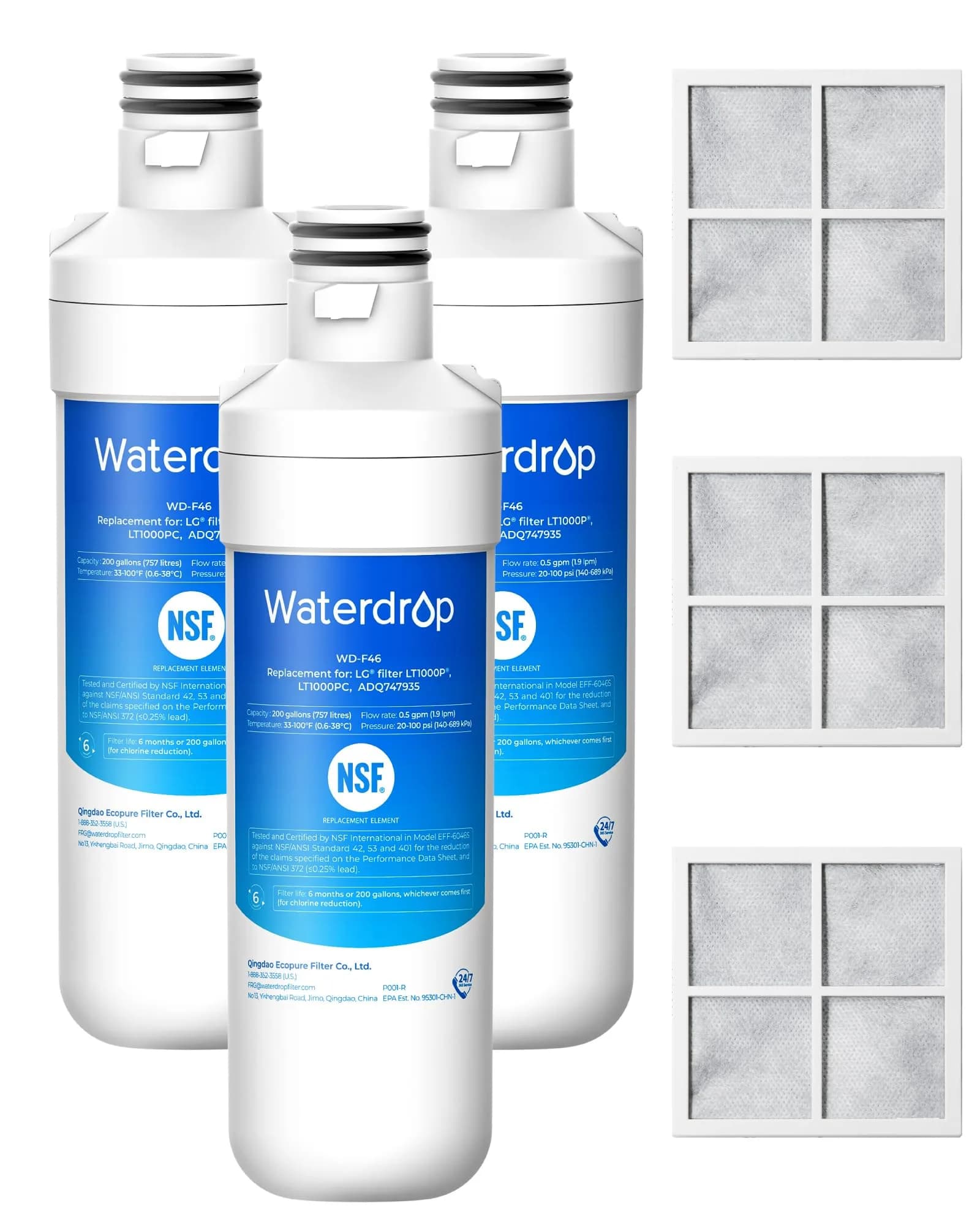 Waterdrop ADQ747935 Refrigerator Water Filter and Air Filter 3 Combo | NSF Certified for Purity