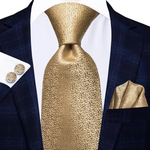 Dubulle Mens Tie Set Solid Paisley Silk Striped Necktie for Men with Cufflinks Tie and Pocket Square, B gold | Elegant Formal Accessory thumbnail 3