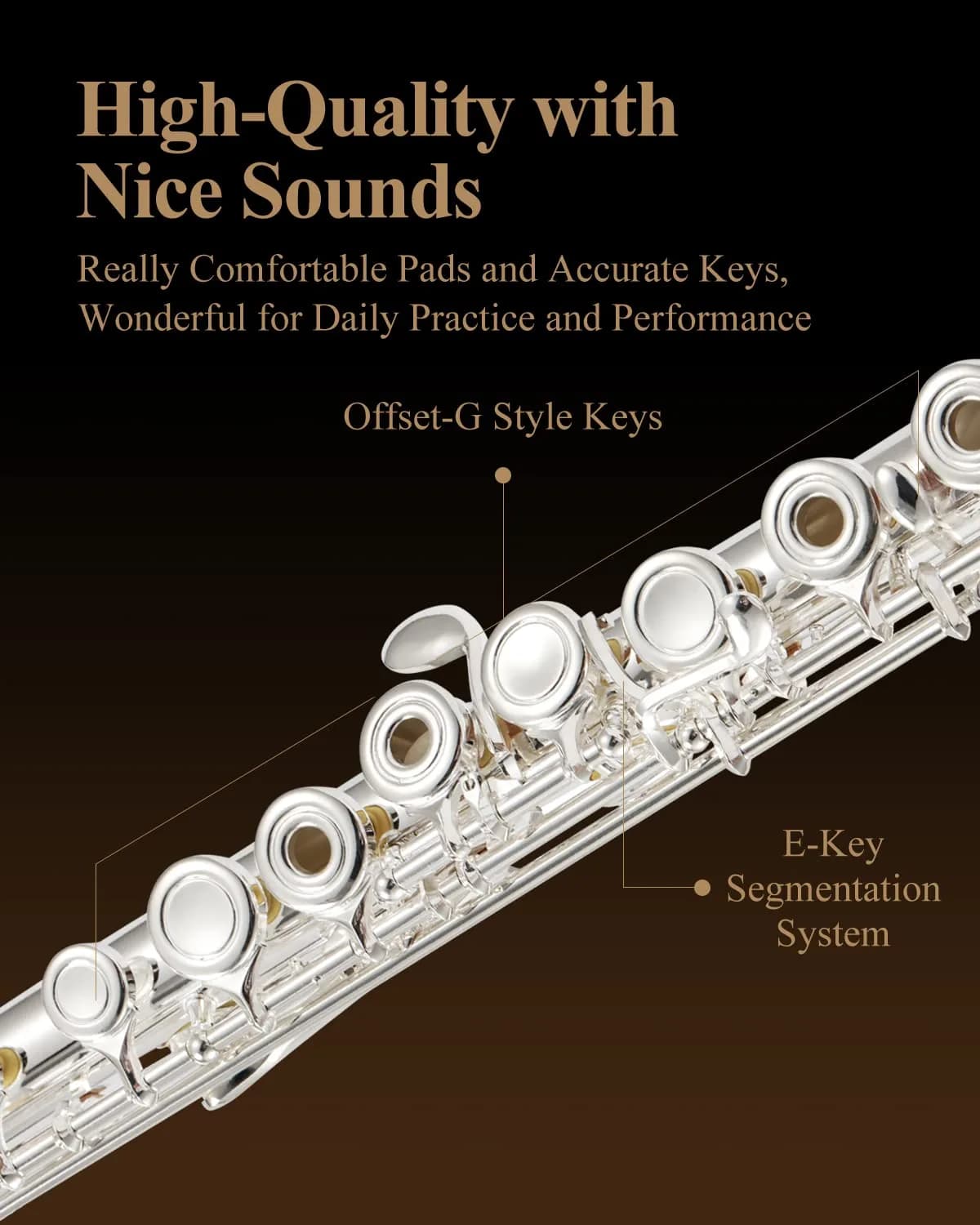 Eastar Open Hole Flute C Key for Beginners, 16 Keys Offset G Split E Student Flute with Case, Fingering Chart, Stand, Cleaning Kit, Advanced Silver Plated, EFL-2 - view 3