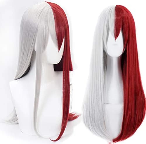 ANOGOL Half Silver Half Red Wig with Bang Long Straight Grey White Red Wig | Adjustable Cosplay Hair thumbnail 1