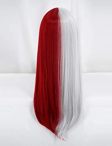 ANOGOL Half Silver Half Red Wig with Bang Long Straight Grey White Red Wig | Adjustable Cosplay Hair thumbnail 4