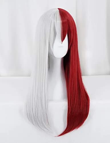ANOGOL Half Silver Half Red Wig with Bang Long Straight Grey White Red Wig | Adjustable Cosplay Hair thumbnail 2