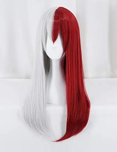 ANOGOL Half Silver Half Red Wig with Bang Long Straight Grey White Red Wig | Adjustable Cosplay Hair thumbnail 3