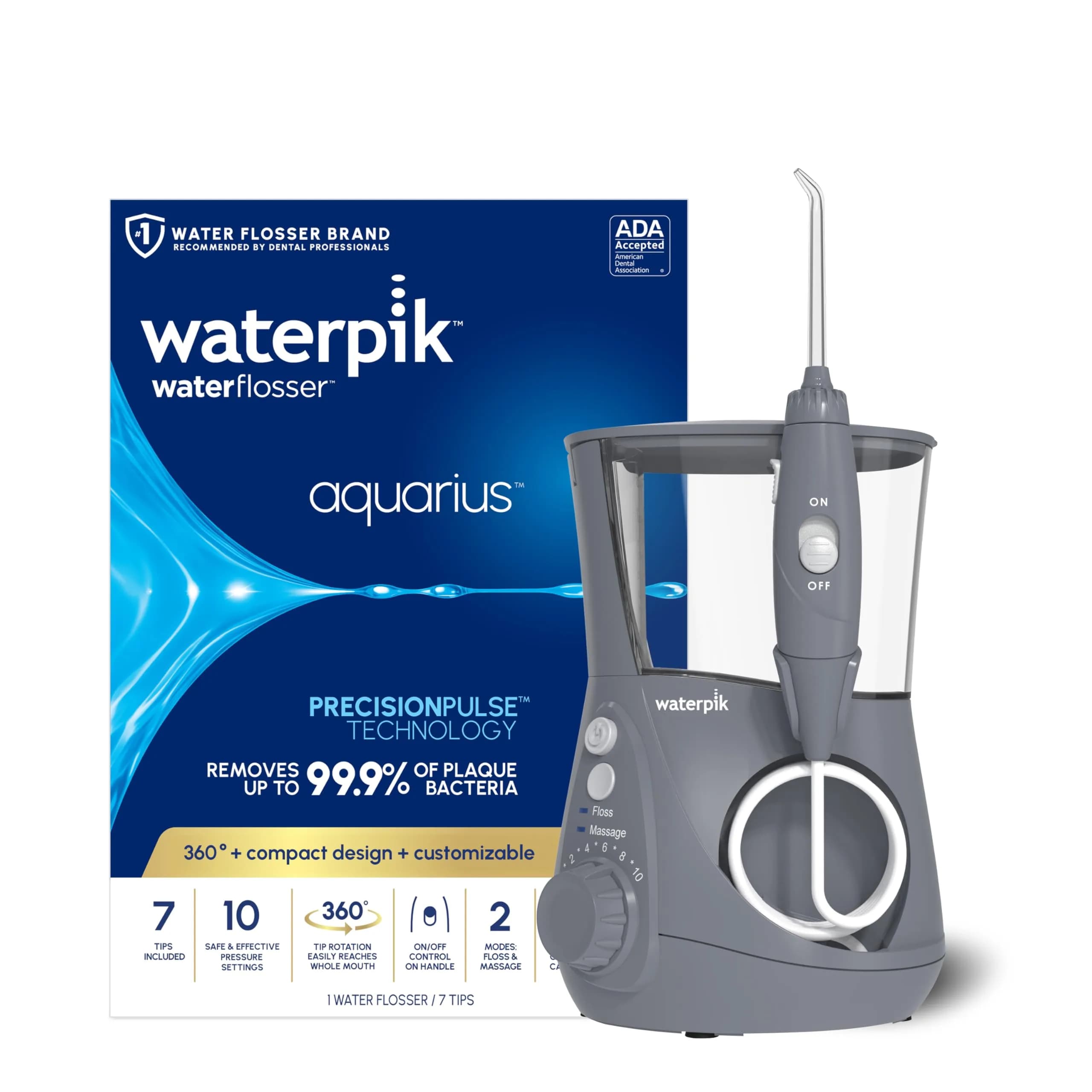 Waterpik Aquarius Countertop Water Flosser WP-667 Gray | 10 Settings, 7 Tips, ADA Accepted