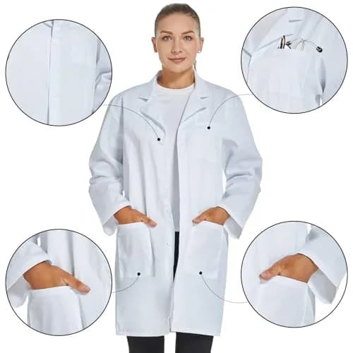 VOGRYE Womens Medical Lab Coat Three Pocket Long Sleeve Button Front White | Durable & Stylish for Medical & Science Professionals thumbnail 4
