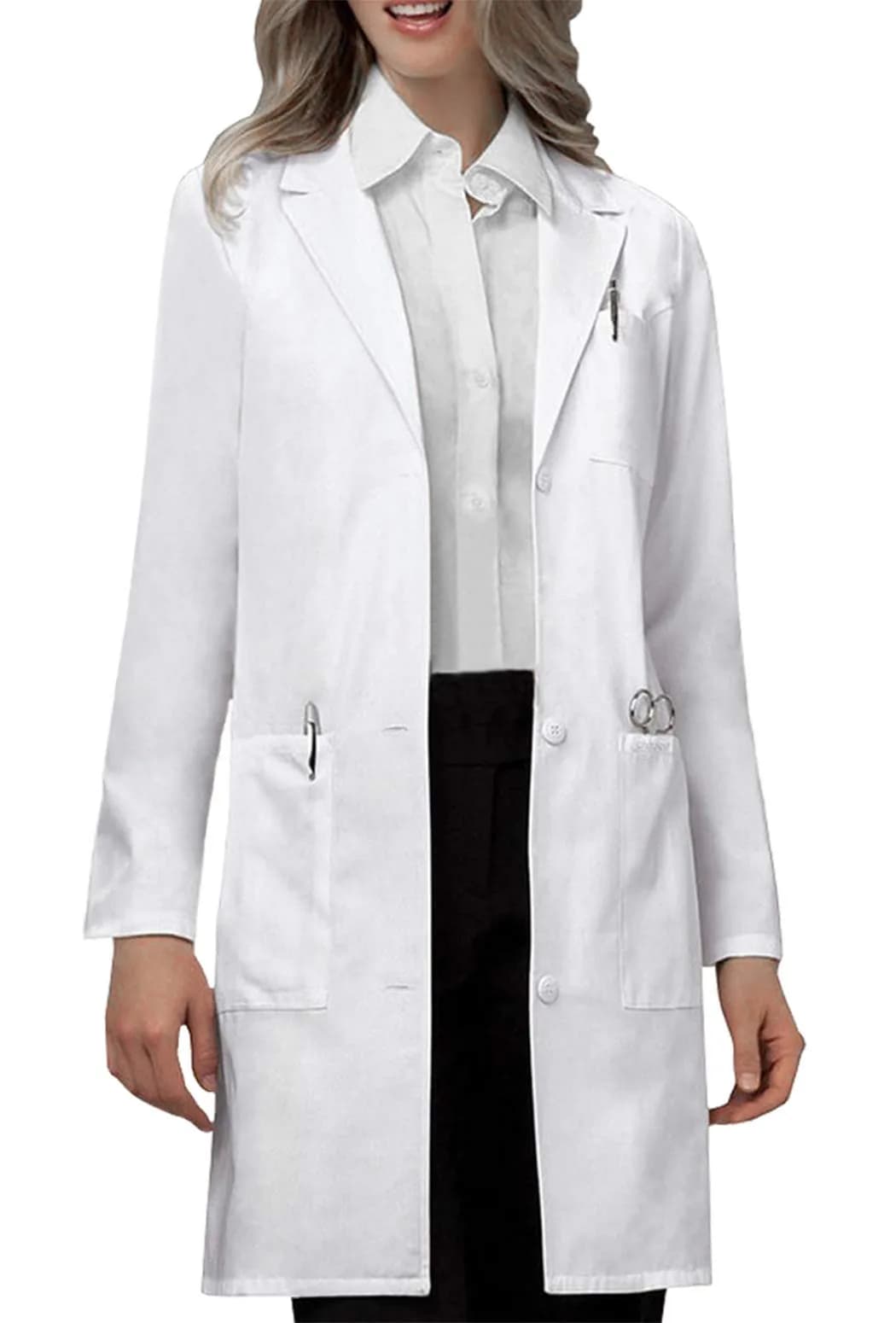 VOGRYE Womens Medical Lab Coat Three Pocket Long Sleeve Button Front White | Durable & Stylish for Medical & Science Professionals — Large
