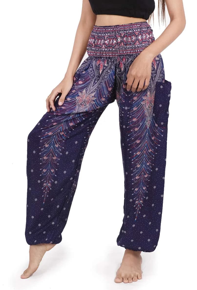 Banjamath Women's Smocked Waist Harem Hippie Boho Yoga Palazzo Casual Pants (S,Peacock Blue) | Comfortable Rayon Fit