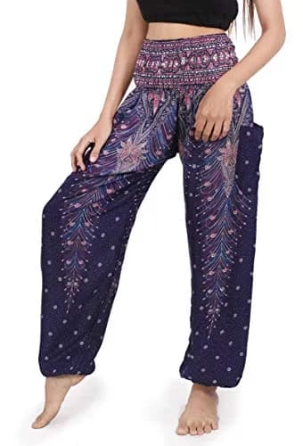 Banjamath Women's Smocked Waist Harem Hippie Boho Yoga Palazzo Casual Pants (S,Peacock Blue) | Comfortable Rayon Fit thumbnail 1