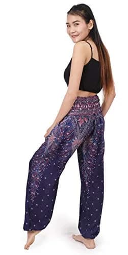 Banjamath Women's Smocked Waist Harem Hippie Boho Yoga Palazzo Casual Pants (S,Peacock Blue) | Comfortable Rayon Fit thumbnail 4