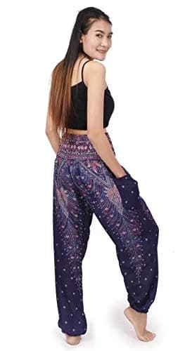 Banjamath Women's Smocked Waist Harem Hippie Boho Yoga Palazzo Casual Pants (S,Peacock Blue) | Comfortable Rayon Fit thumbnail 5