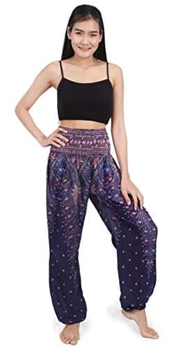 Banjamath Women's Smocked Waist Harem Hippie Boho Yoga Palazzo Casual Pants (S,Peacock Blue) | Comfortable Rayon Fit thumbnail 2