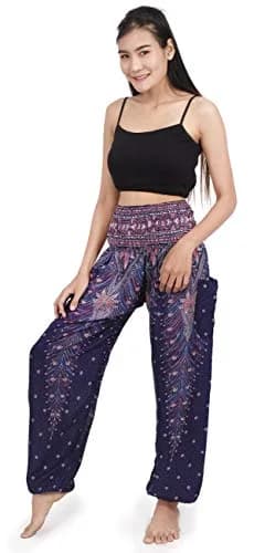 Banjamath Women's Smocked Waist Harem Hippie Boho Yoga Palazzo Casual Pants (S,Peacock Blue) | Comfortable Rayon Fit thumbnail 3