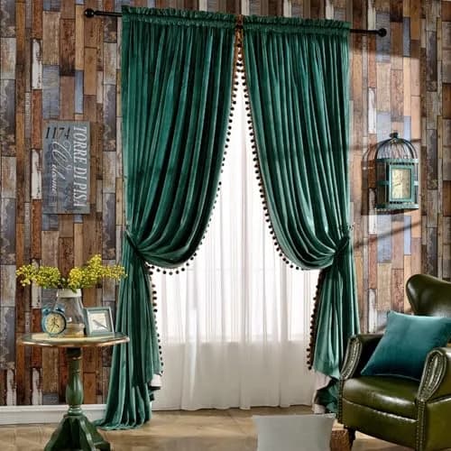Melodieux Pom Poms Wide Velvet Curtains 100" W x 96" L | Vintage Luxury Room Darkening (120 chars) thumbnail 1
