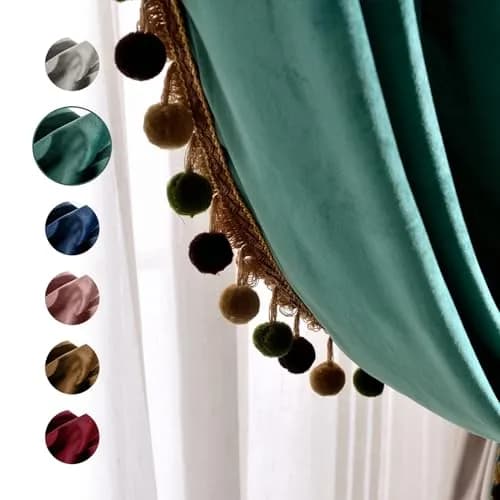 Melodieux Pom Poms Wide Velvet Curtains 100" W x 96" L | Vintage Luxury Room Darkening (120 chars) thumbnail 4