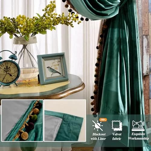 Melodieux Pom Poms Wide Velvet Curtains 100" W x 96" L | Vintage Luxury Room Darkening (120 chars) thumbnail 5