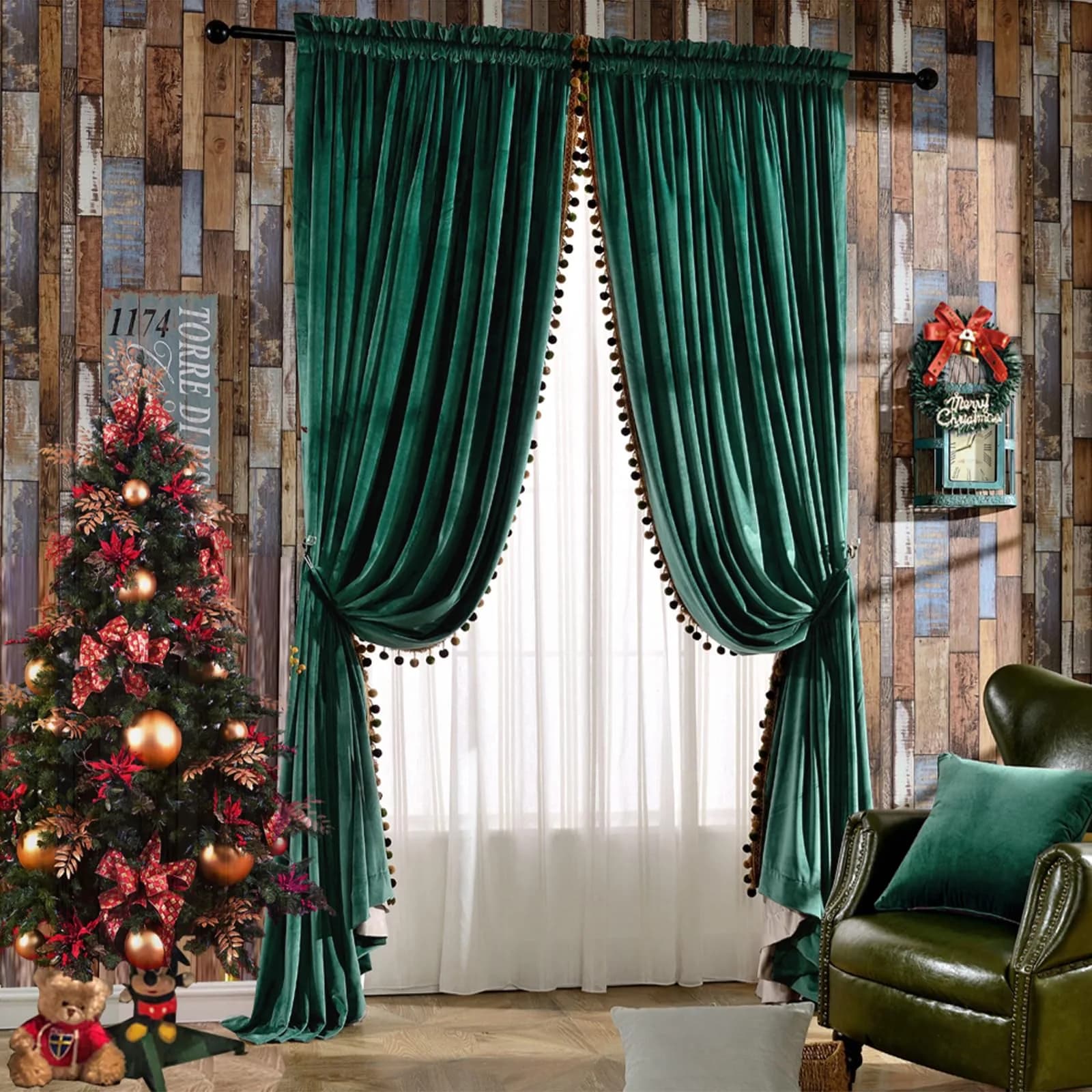 Melodieux Pom Poms Velvet Blackout Curtains 100" W x 84" L | Vintage Luxury Room Darkening (115c) — Green