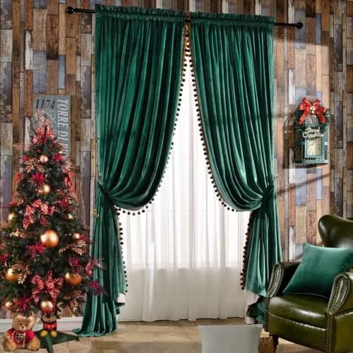 Melodieux Pom Poms Velvet Blackout Curtains 100" W x 84" L | Vintage Luxury Room Darkening (115c) thumbnail 1