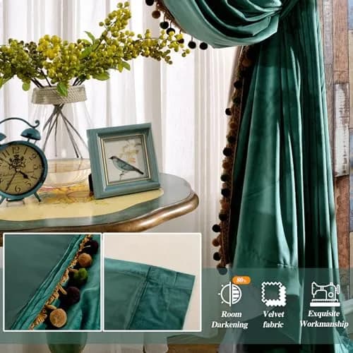 Melodieux Pom Poms Velvet Blackout Curtains 100" W x 84" L | Vintage Luxury Room Darkening (115c) thumbnail 5