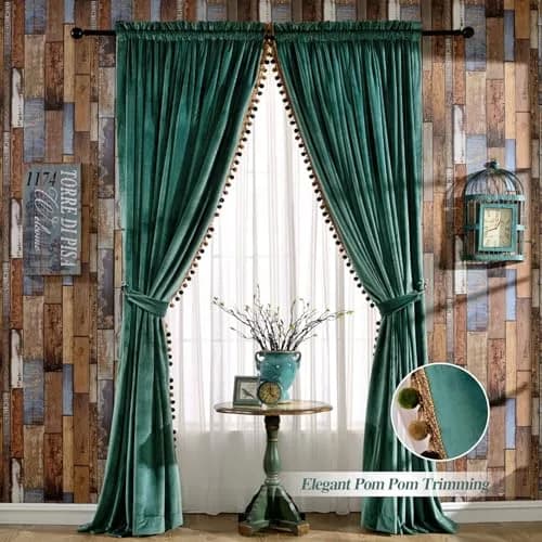 Melodieux Pom Poms Velvet Blackout Curtains 100" W x 84" L | Vintage Luxury Room Darkening (115c) thumbnail 2