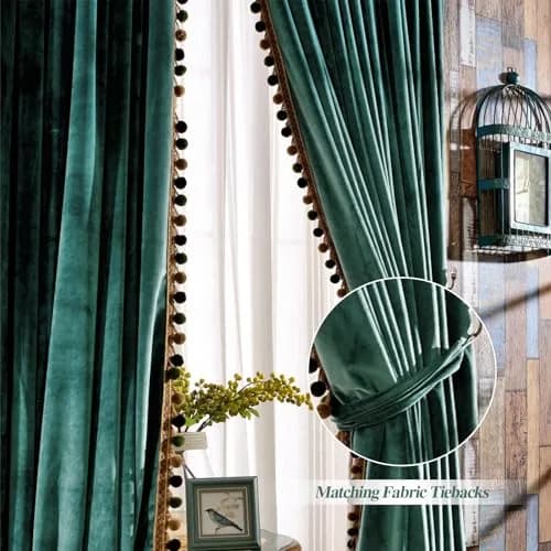 Melodieux Pom Poms Velvet Blackout Curtains 100" W x 84" L | Vintage Luxury Room Darkening (115c) thumbnail 3