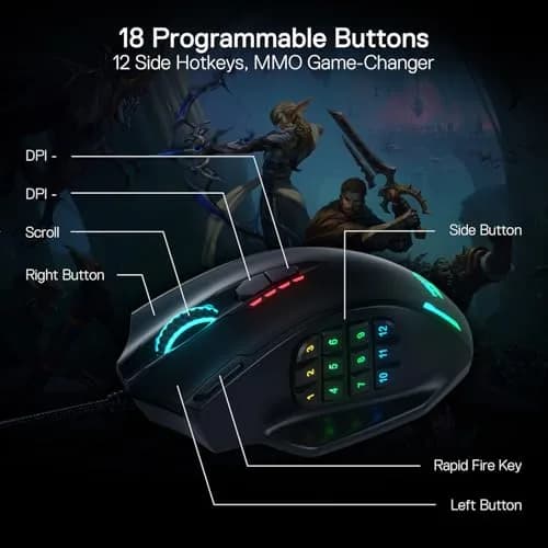 Redragon M908 Wired MMO RGB Gaming Mouse 12400 DPI 18 Programmable Buttons Black | High Precision Optical Sensor thumbnail 4