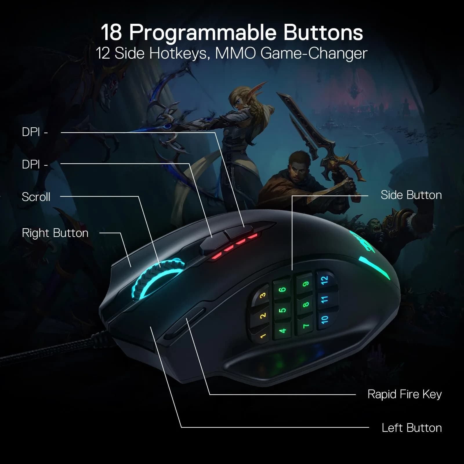 Redragon M908 Wired MMO RGB Gaming Mouse 12400 DPI 18 Programmable Buttons Black | High Precision Optical Sensor - view 4