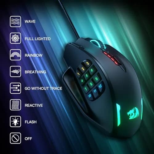 Redragon M908 Wired MMO RGB Gaming Mouse 12400 DPI 18 Programmable Buttons Black | High Precision Optical Sensor thumbnail 9