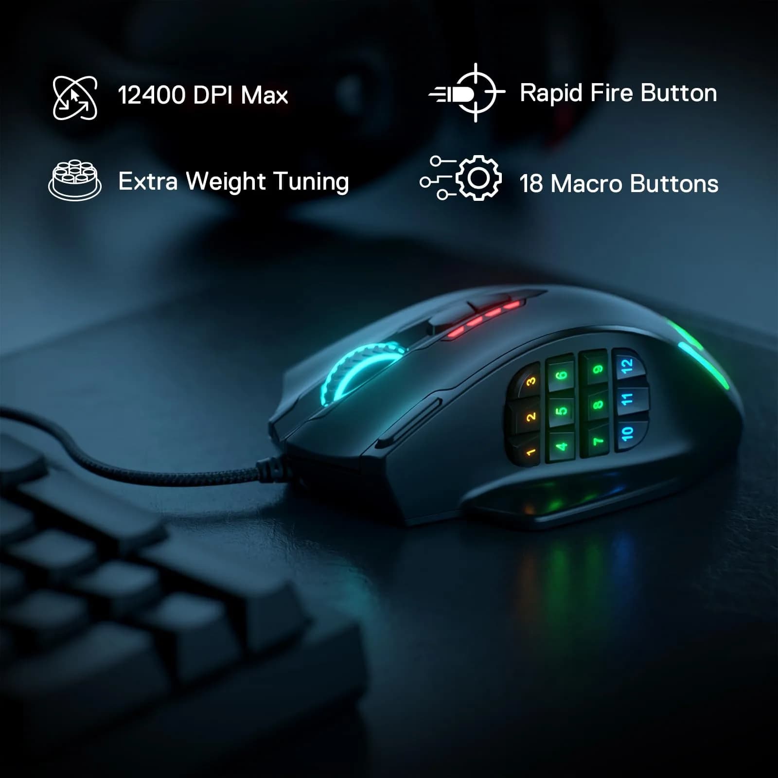 Redragon M908 Wired MMO RGB Gaming Mouse 12400 DPI 18 Programmable Buttons Black | High Precision Optical Sensor - view 2