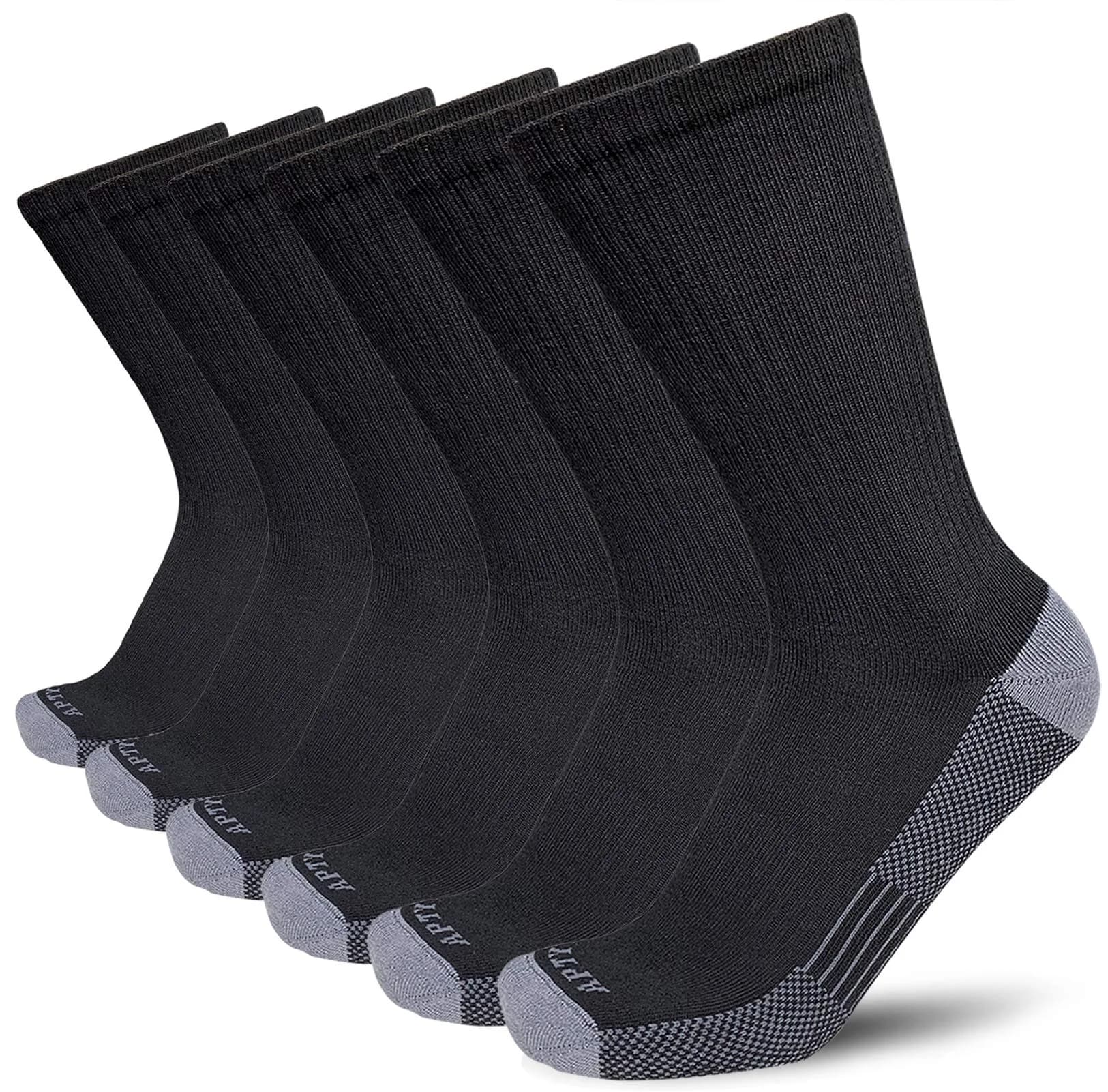 APTYID Men's Moisture Wicking Cushioned Crew Work Boot Socks 6 Pairs (Size 9-12, Black) | Breathable & Durable for Work