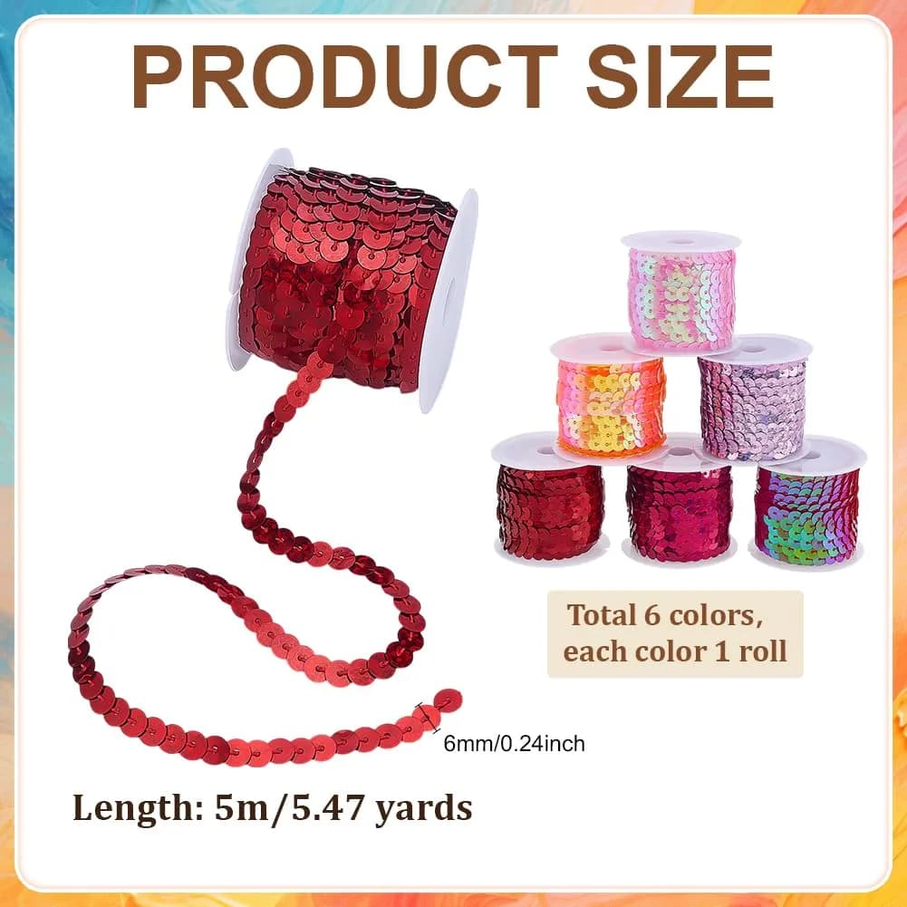 PH PandaHall Red Series Sequin Trim 6mm Wide | 30 Yards Total (90 ft) | Metallic Shiny PVC Craft Ribbon - view 2