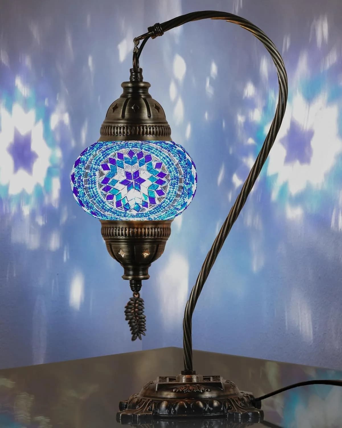 DEMMEX Turkish Moroccan Mosaic Table Lamp – Handcrafted Tiffany-Style Glass Swan Neck Bedside, Desk, Table Light, Boho Artisan Accent Lighting for Bedroom or Living Room – 15" H, Blue - main product image