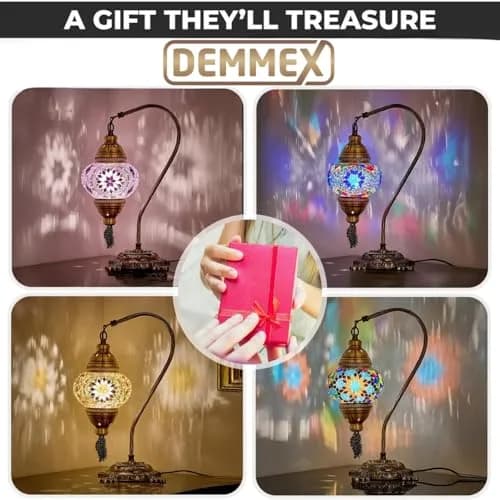 DEMMEX Turkish Moroccan Mosaic Table Lamp – Handcrafted Tiffany-Style Glass Swan Neck Bedside, Desk, Table Light, Boho Artisan Accent Lighting for Bedroom or Living Room – 15" H, Blue thumbnail 4