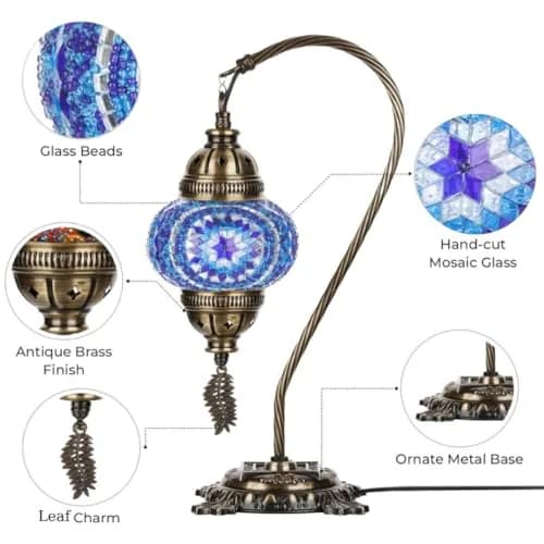 DEMMEX Turkish Moroccan Mosaic Table Lamp – Handcrafted Tiffany-Style Glass Swan Neck Bedside, Desk, Table Light, Boho Artisan Accent Lighting for Bedroom or Living Room – 15" H, Blue thumbnail 3