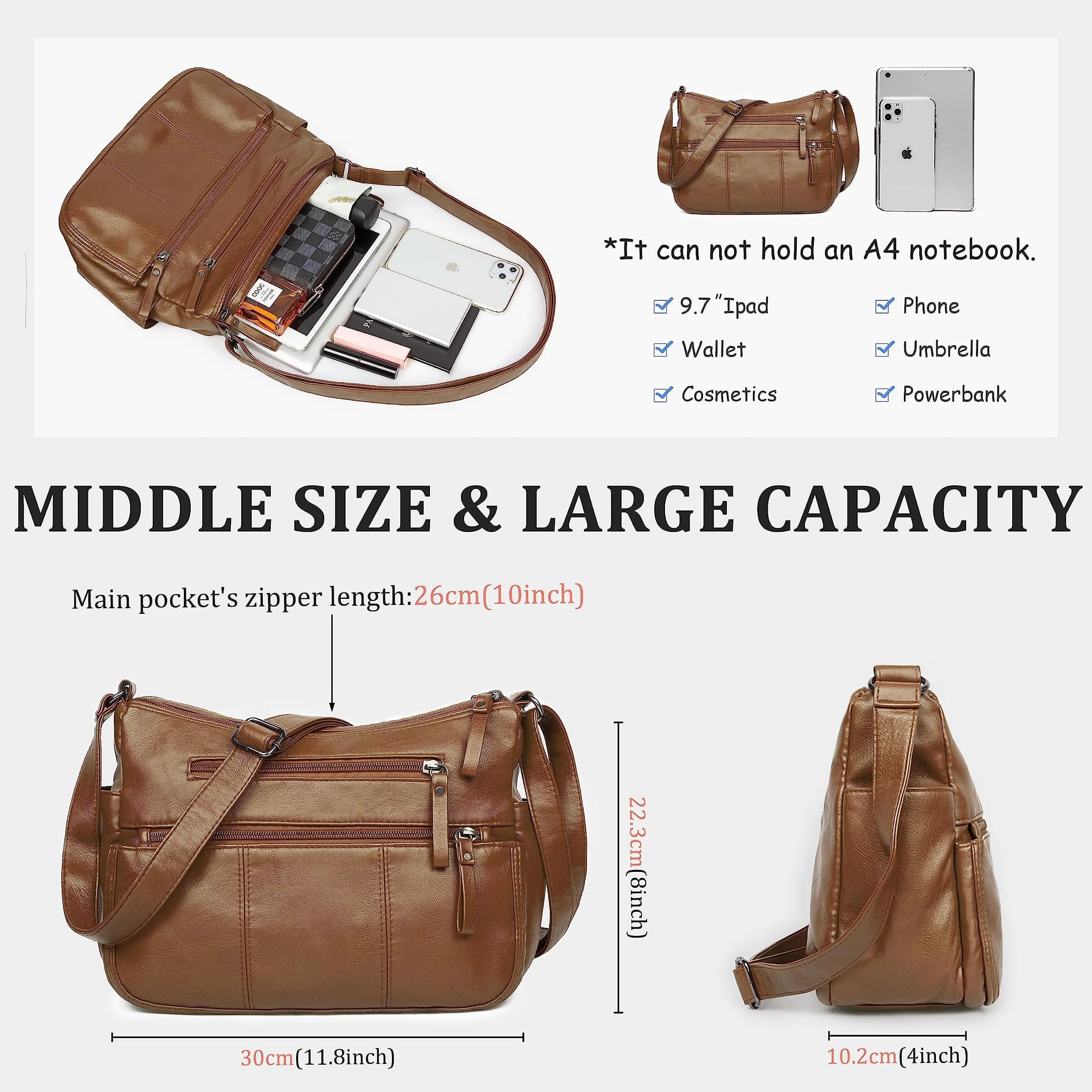 VOLGANIK ROCK Women's PU Leather Shoulder Bag 33cm (11.8") | Versatile Crossbody Purse with Multiple Pockets - view 3