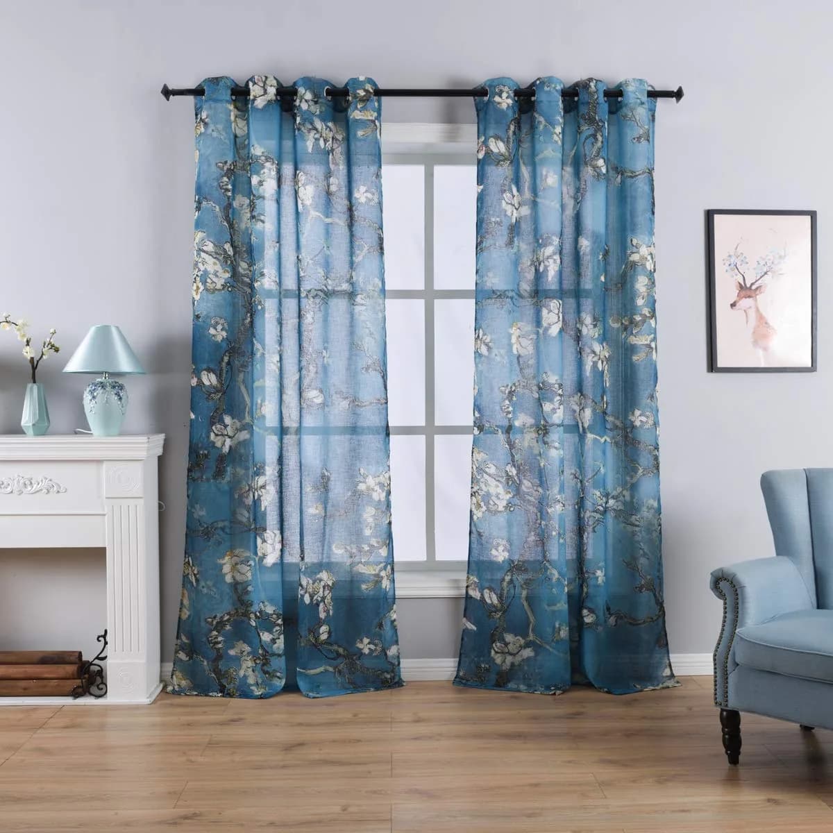 Taisier Home Chinese Style Plum Blossom Sheer Curtain 95 Inches | Artistic Print for Living Room