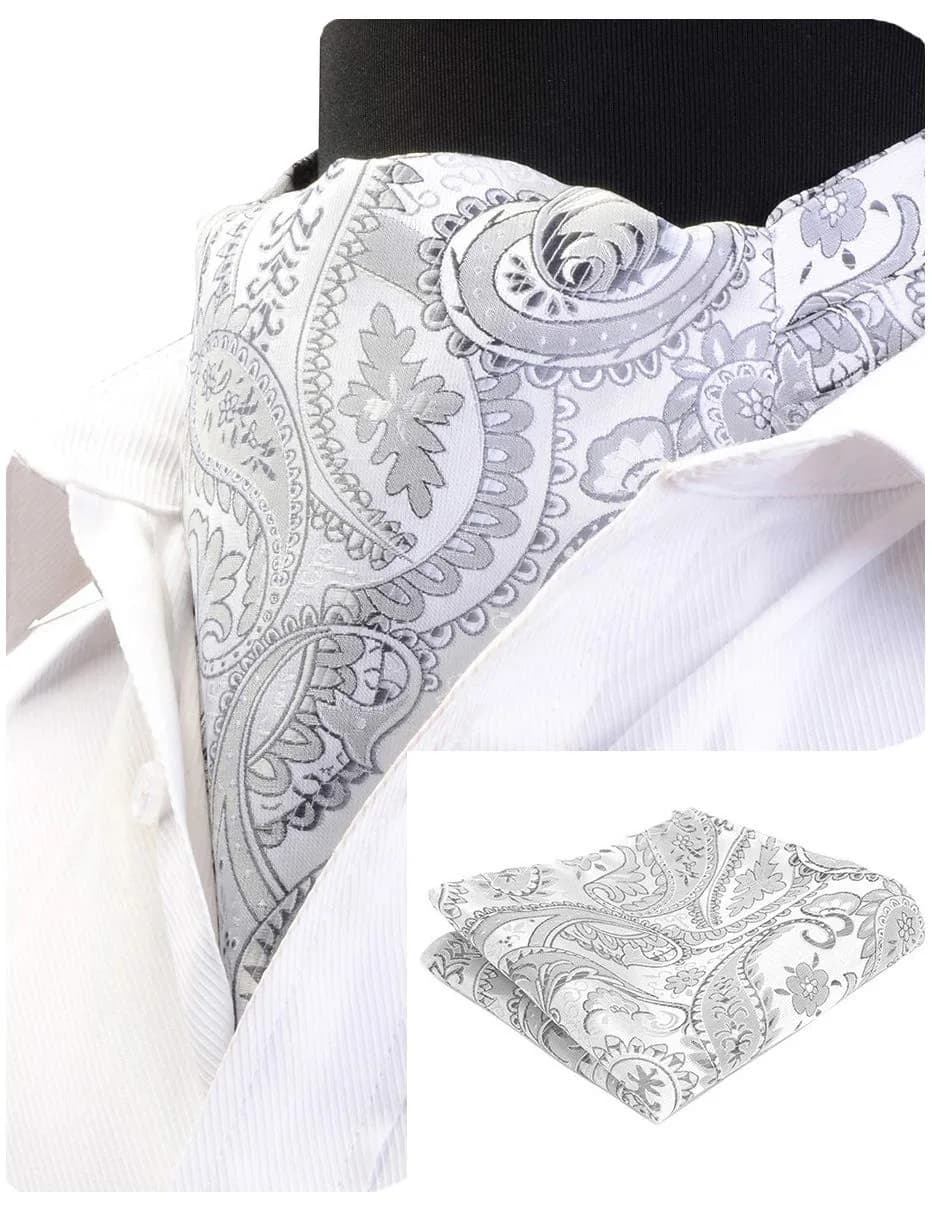 GUSLESON Men's Silver Ascot Paisley Floral Necktie & Pocket Square Set | Jacquard Woven Silk & Microfiber (126cm) — Silver/Gray