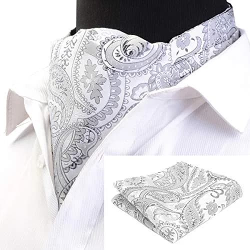 GUSLESON Men's Silver Ascot Paisley Floral Necktie & Pocket Square Set | Jacquard Woven Silk & Microfiber (126cm) thumbnail 2