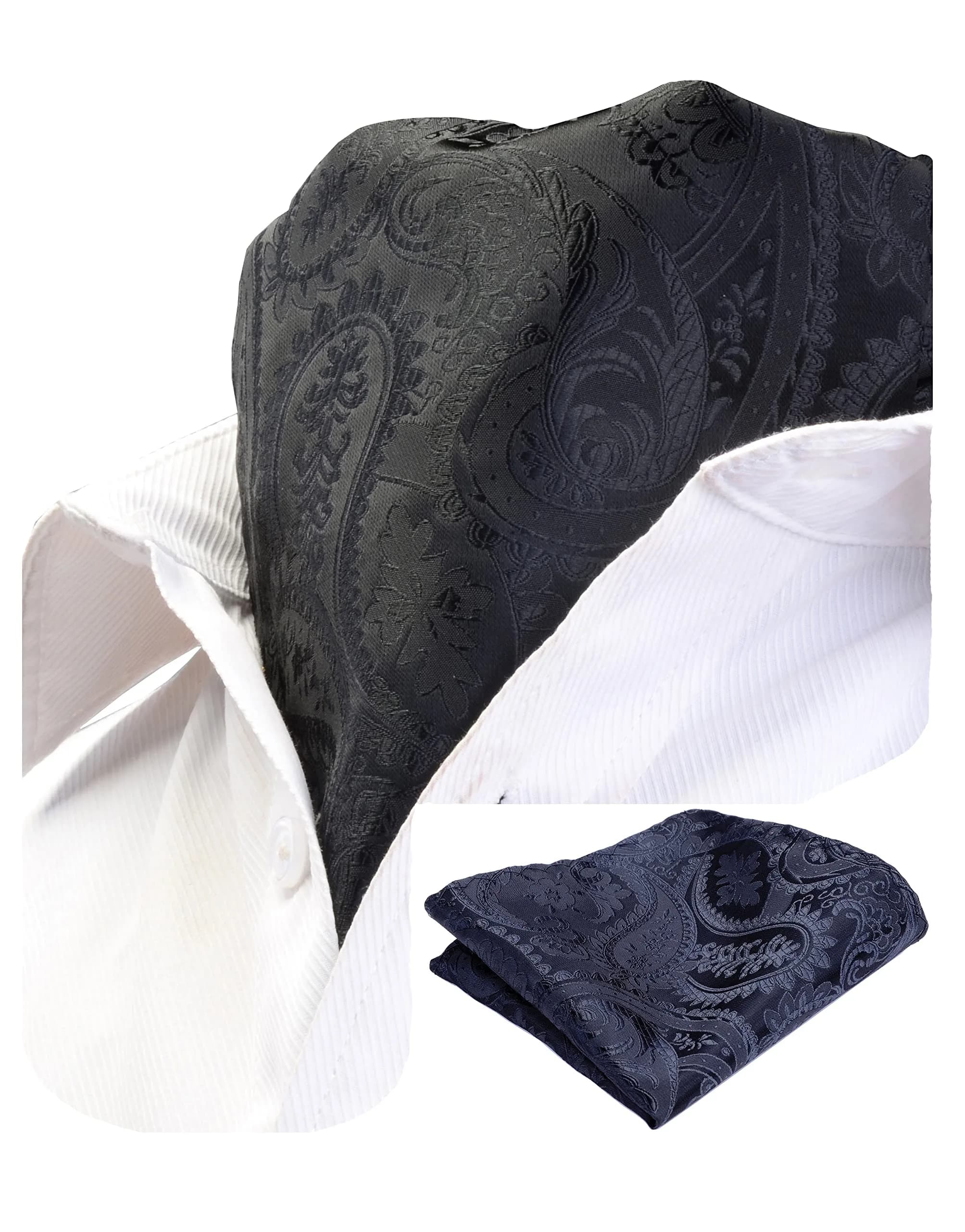 GUSLESON Men's Black Ascot Paisley Tie Floral Jacquard Woven Gift Cravat Necktie and Pocket Square Set (0603-08) | Elegant Floral Design — Black/Gray