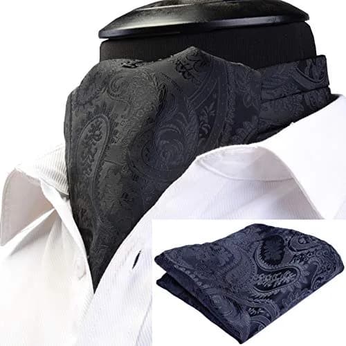 GUSLESON Men's Black Ascot Paisley Tie Floral Jacquard Woven Gift Cravat Necktie and Pocket Square Set (0603-08) | Elegant Floral Design thumbnail 2
