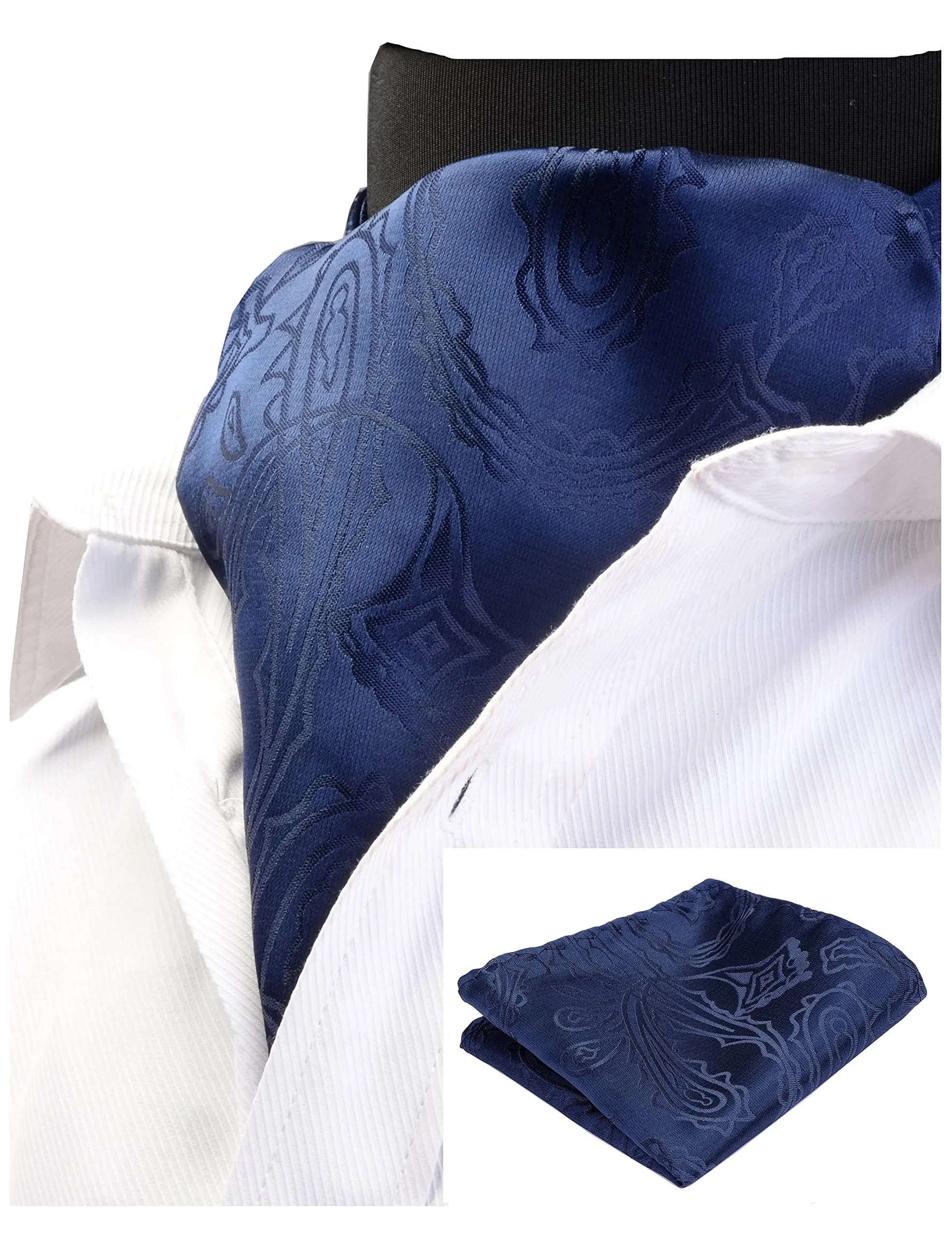 GUSLESON Navy Blue Paisley Self Tie Necktie & Handkerchief Set | Floral Luxury Ascot for Men — Navy Blue