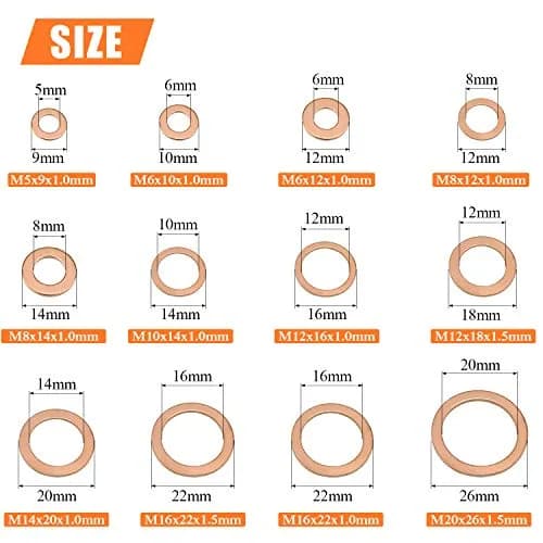 HELIFOUNER Copper Washer Assortment Set 300 Pieces M5-M20 | Corrosion Resistant Metric Sealing Washers thumbnail 4